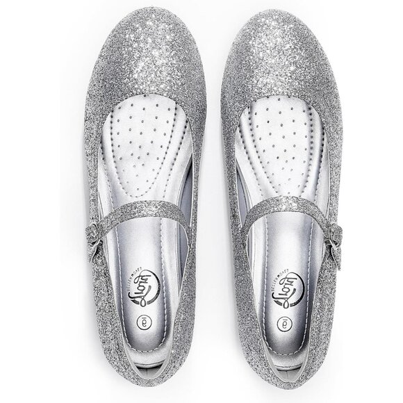 Trary Women Silver Glitter Leather Round Toe Ankle Strap Ballet Flats Shoes - Picture 3 of 6